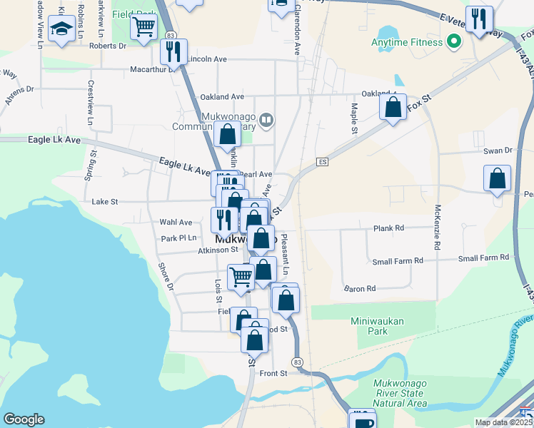 map of restaurants, bars, coffee shops, grocery stores, and more near 220 County Road ES in Mukwonago