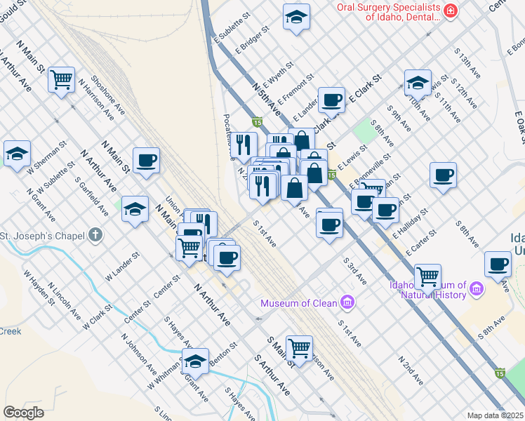 map of restaurants, bars, coffee shops, grocery stores, and more near 247 East Center Street in Pocatello