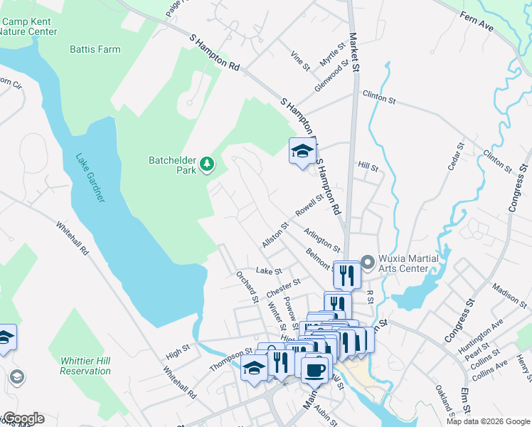map of restaurants, bars, coffee shops, grocery stores, and more near 45 Arlington Street in Amesbury
