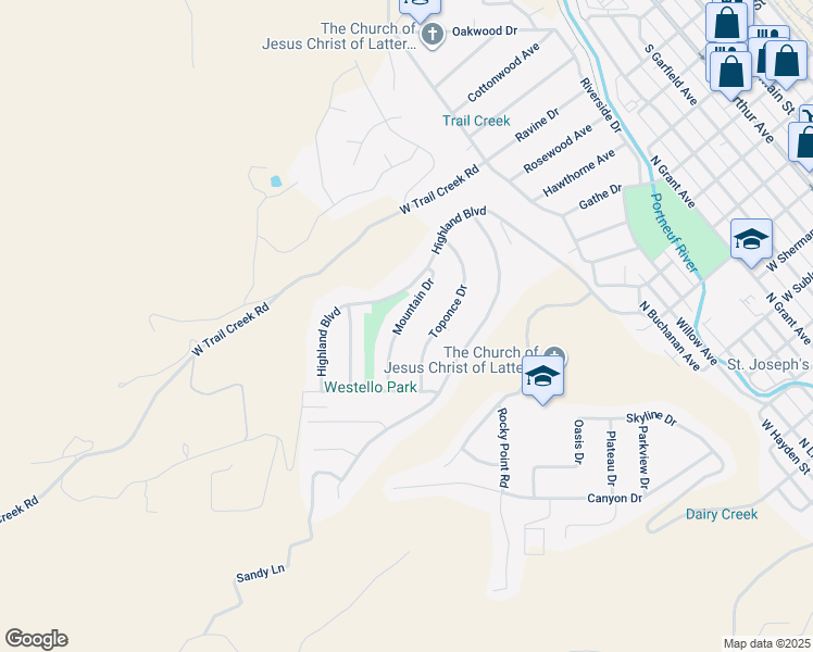 map of restaurants, bars, coffee shops, grocery stores, and more near 68 Mountain Drive in Pocatello