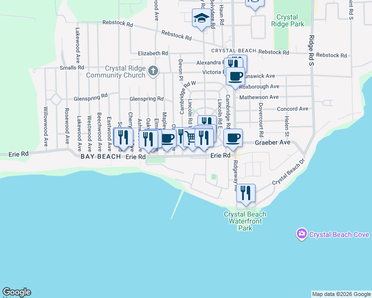 map of restaurants, bars, coffee shops, grocery stores, and more near 3998 Erie Road in Fort Erie