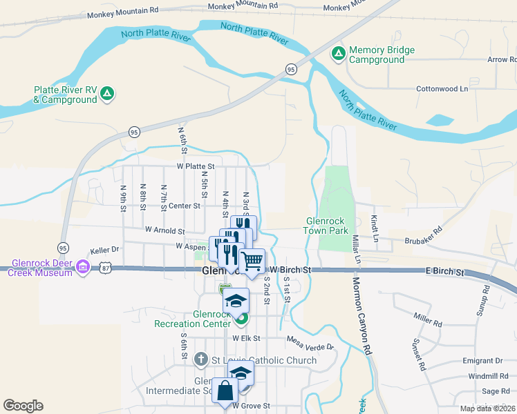 map of restaurants, bars, coffee shops, grocery stores, and more near 201 Center Street in Glenrock