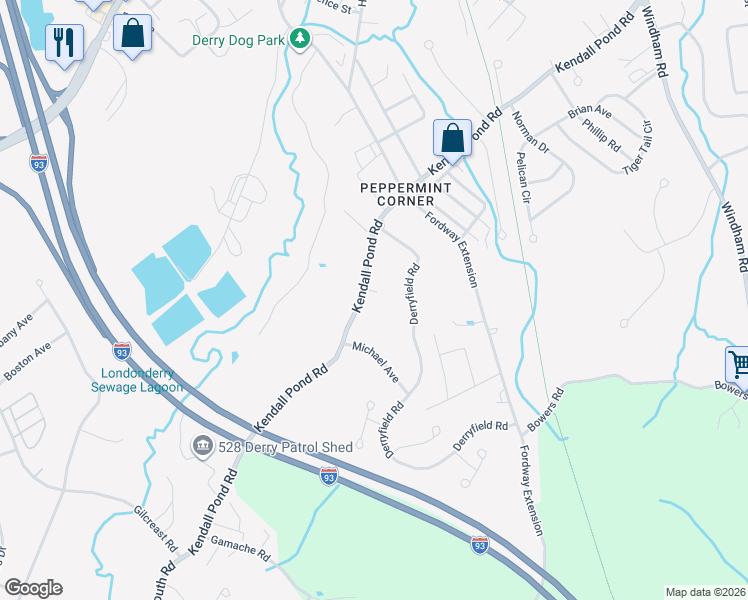 map of restaurants, bars, coffee shops, grocery stores, and more near 46 Kendall Pond Road in Derry