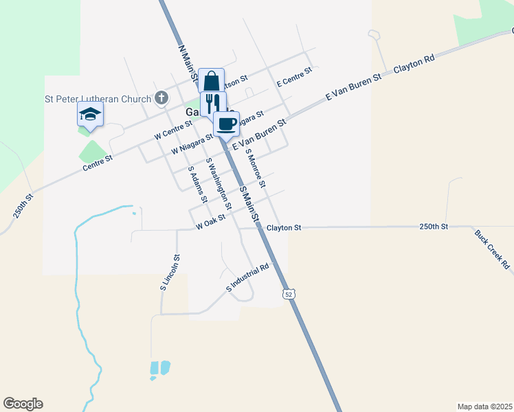 map of restaurants, bars, coffee shops, grocery stores, and more near 501 South Main Street in Garnavillo