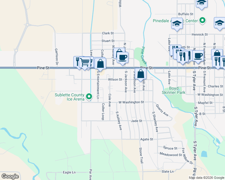 map of restaurants, bars, coffee shops, grocery stores, and more near 220 Cole Avenue in Pinedale