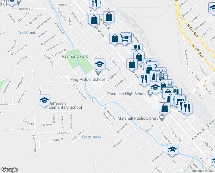 map of restaurants, bars, coffee shops, grocery stores, and more near 740 North Johnson Avenue in Pocatello