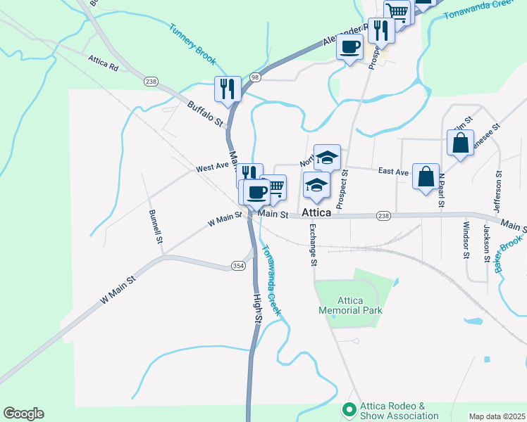 map of restaurants, bars, coffee shops, grocery stores, and more near 14 Main Street in Attica
