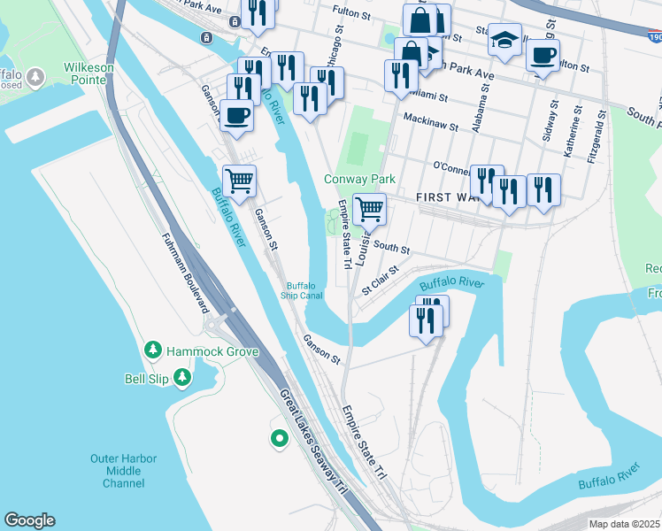 map of restaurants, bars, coffee shops, grocery stores, and more near 9 South Street in Buffalo
