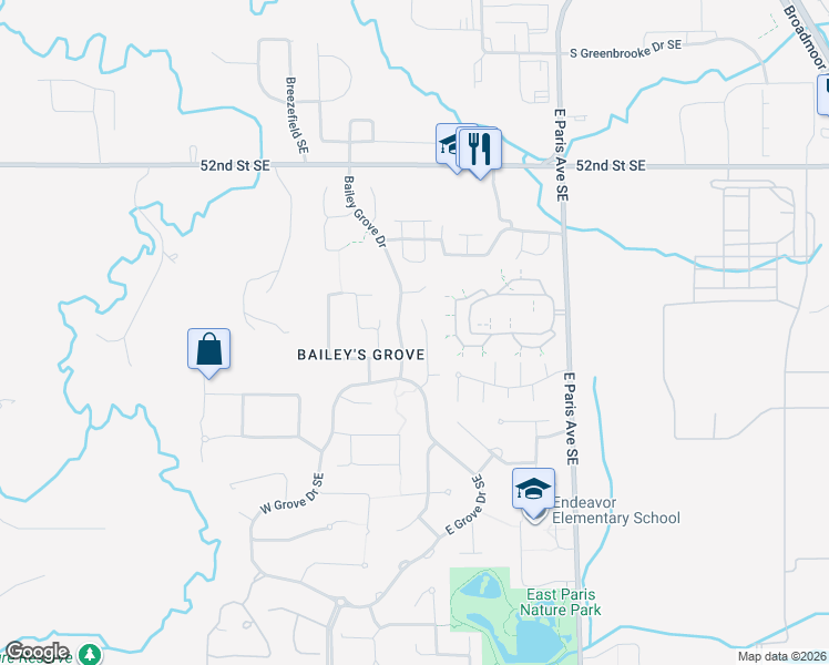 map of restaurants, bars, coffee shops, grocery stores, and more near 5479 Boxwood Court Southeast in Kentwood