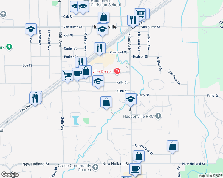 map of restaurants, bars, coffee shops, grocery stores, and more near 3340 Allen Street in Hudsonville