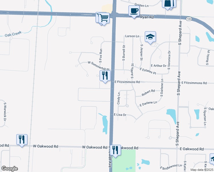 map of restaurants, bars, coffee shops, grocery stores, and more near in Oak Creek