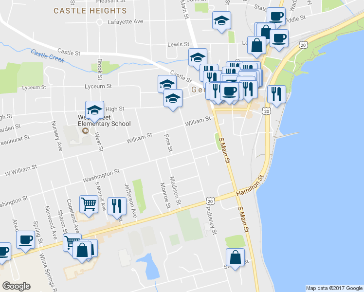map of restaurants, bars, coffee shops, grocery stores, and more near 140 Washington Street in Geneva