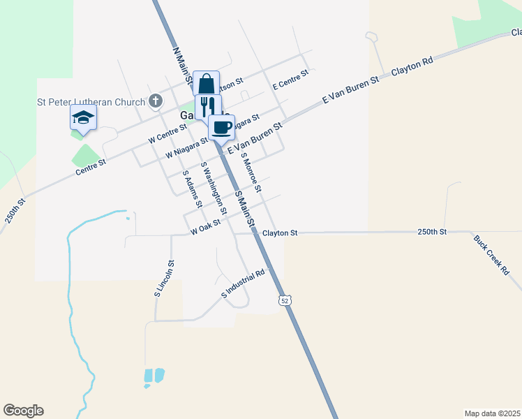 map of restaurants, bars, coffee shops, grocery stores, and more near 501 South Main Street in Garnavillo