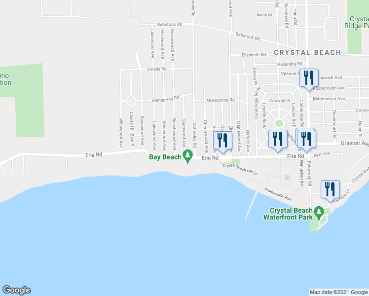 map of restaurants, bars, coffee shops, grocery stores, and more near 383 Eastwood Avenue in Fort Erie