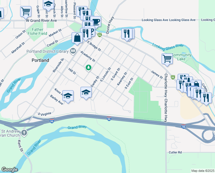 map of restaurants, bars, coffee shops, grocery stores, and more near 425 South Grant Street in Portland