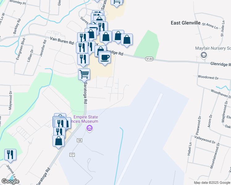 map of restaurants, bars, coffee shops, grocery stores, and more near 17 Lincoln Drive in Schenectady