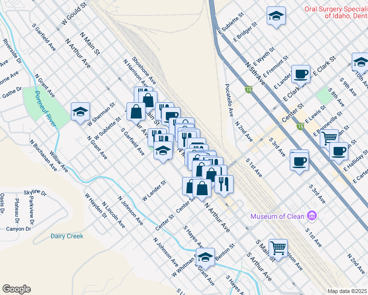 map of restaurants, bars, coffee shops, grocery stores, and more near 362 North Main Street in Pocatello
