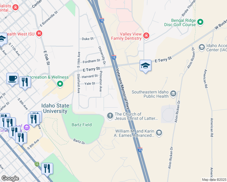 map of restaurants, bars, coffee shops, grocery stores, and more near 22 Rutgers Street in Pocatello