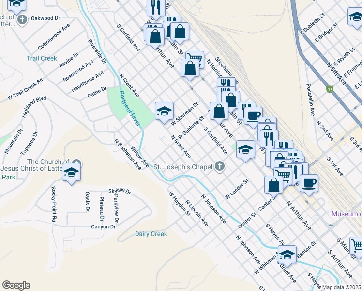 map of restaurants, bars, coffee shops, grocery stores, and more near 740 North Johnson Avenue in Pocatello