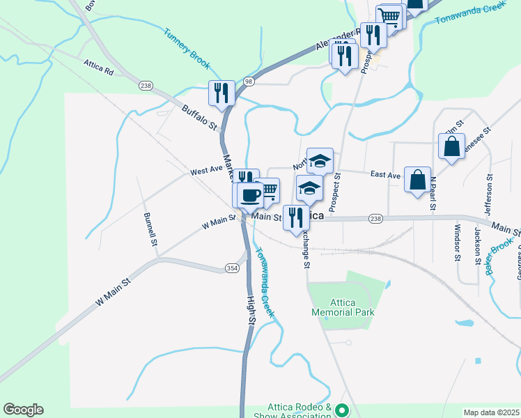 map of restaurants, bars, coffee shops, grocery stores, and more near 14 Main Street in Attica