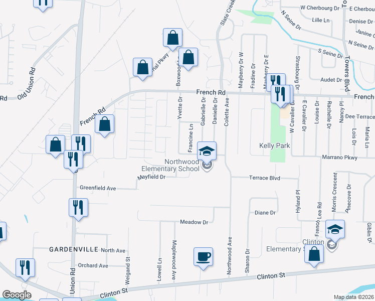 map of restaurants, bars, coffee shops, grocery stores, and more near 81 Saint Joan Lane in Buffalo