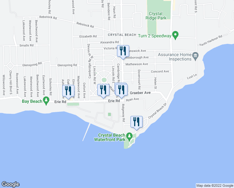 map of restaurants, bars, coffee shops, grocery stores, and more near 184 Cambridge Road East in Fort Erie