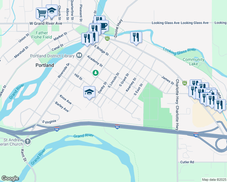 map of restaurants, bars, coffee shops, grocery stores, and more near 425 South Grant Street in Portland