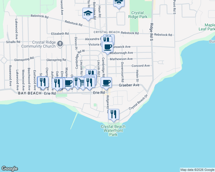 map of restaurants, bars, coffee shops, grocery stores, and more near 405 Ridgeway Road in Fort Erie