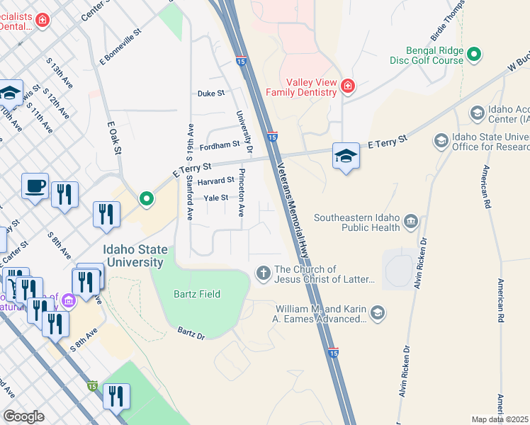 map of restaurants, bars, coffee shops, grocery stores, and more near 131 Drake Avenue in Pocatello