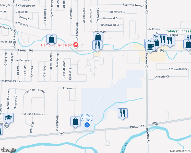 map of restaurants, bars, coffee shops, grocery stores, and more near 55-79 Haley Lane in Cheektowaga