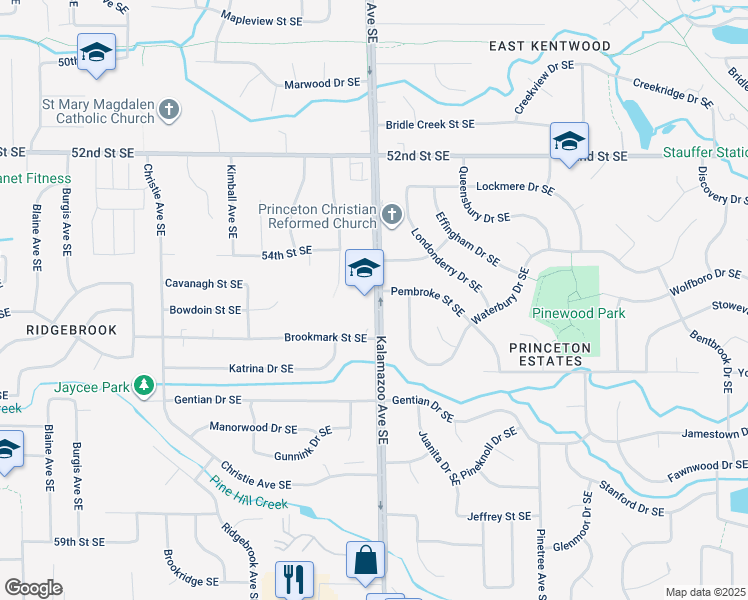map of restaurants, bars, coffee shops, grocery stores, and more near 1565 Brookmark Street Southeast in Kentwood