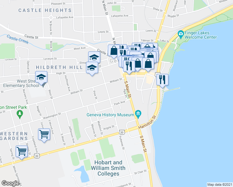 map of restaurants, bars, coffee shops, grocery stores, and more near 98 Washington Street in Geneva