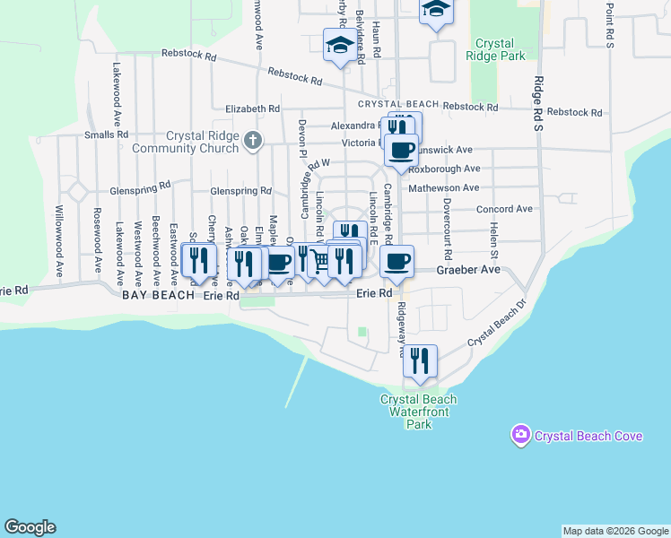 map of restaurants, bars, coffee shops, grocery stores, and more near 3950 Erie Road in Fort Erie