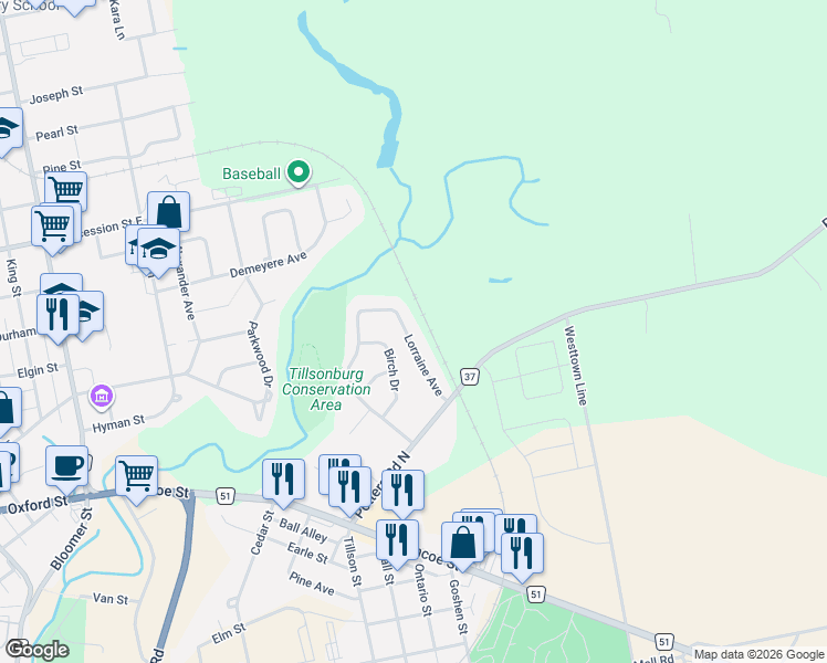 map of restaurants, bars, coffee shops, grocery stores, and more near 22 Lorraine Avenue in Tillsonburg