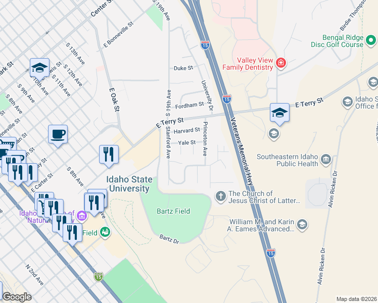 map of restaurants, bars, coffee shops, grocery stores, and more near 106 Stanford Avenue in Pocatello