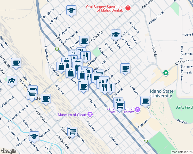 map of restaurants, bars, coffee shops, grocery stores, and more near 466 South 5th Avenue in Pocatello