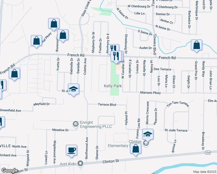 map of restaurants, bars, coffee shops, grocery stores, and more near 146 Judith Drive in Buffalo