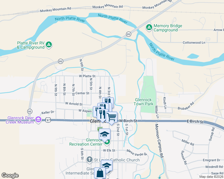 map of restaurants, bars, coffee shops, grocery stores, and more near 201 Center Street in Glenrock