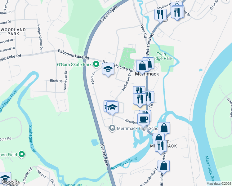 map of restaurants, bars, coffee shops, grocery stores, and more near 2 Hadley Road in Merrimack