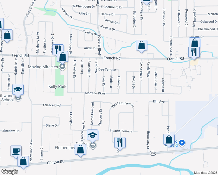 map of restaurants, bars, coffee shops, grocery stores, and more near 293 Marrano Parkway in Buffalo