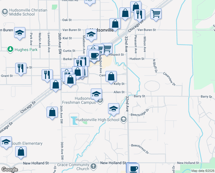 map of restaurants, bars, coffee shops, grocery stores, and more near 3340 Allen Street in Hudsonville