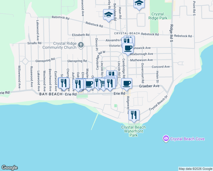 map of restaurants, bars, coffee shops, grocery stores, and more near 3950 Erie Road in Fort Erie