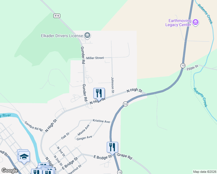 map of restaurants, bars, coffee shops, grocery stores, and more near Johnson Street in Elkader