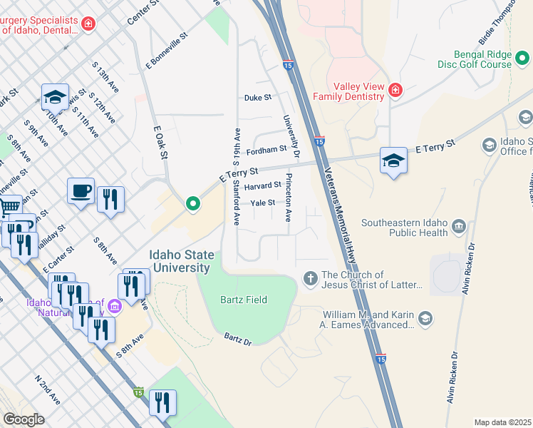 map of restaurants, bars, coffee shops, grocery stores, and more near 21 Cornell Avenue in Pocatello