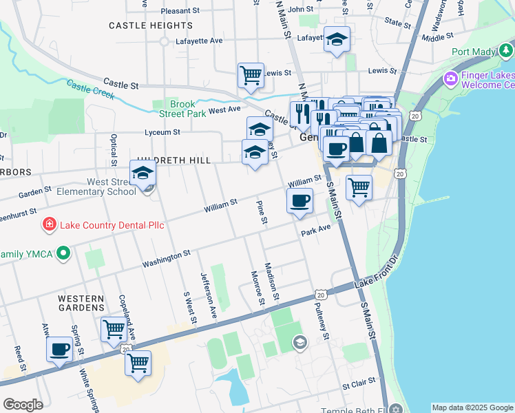 map of restaurants, bars, coffee shops, grocery stores, and more near 116 William Street in Geneva