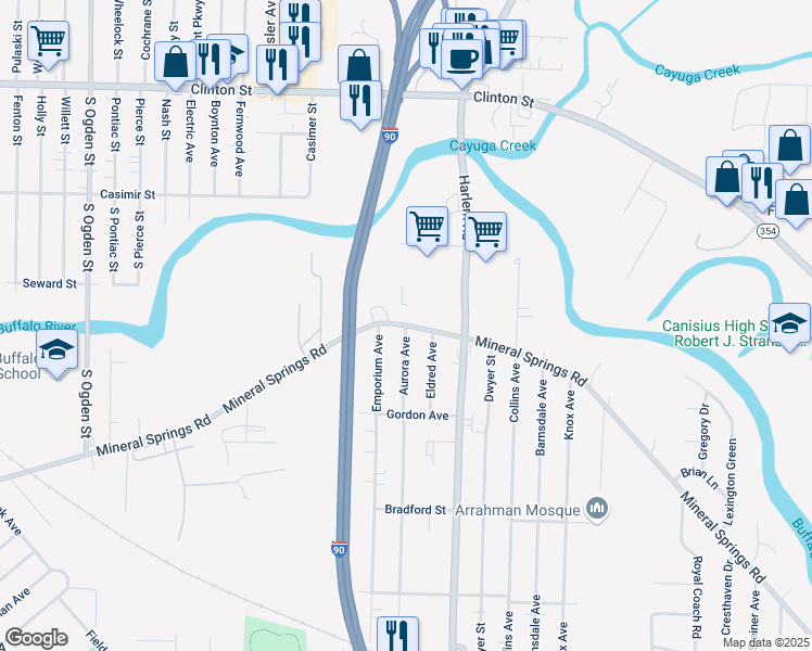map of restaurants, bars, coffee shops, grocery stores, and more near Mineral Springs Road & Aurora Avenue in Buffalo