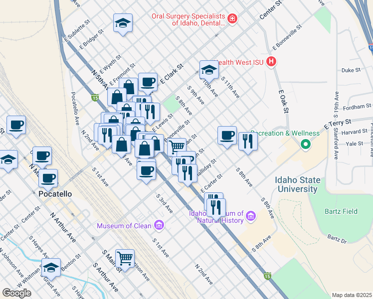 map of restaurants, bars, coffee shops, grocery stores, and more near 330 South 6th Avenue in Pocatello