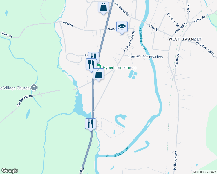 map of restaurants, bars, coffee shops, grocery stores, and more near 105 South Winchester Street in Swanzey