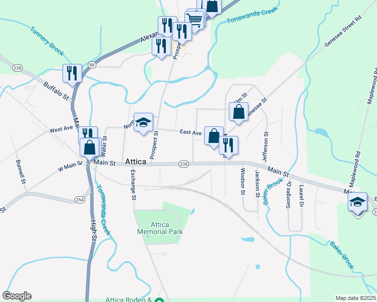 map of restaurants, bars, coffee shops, grocery stores, and more near 27 Walnut Street in Attica