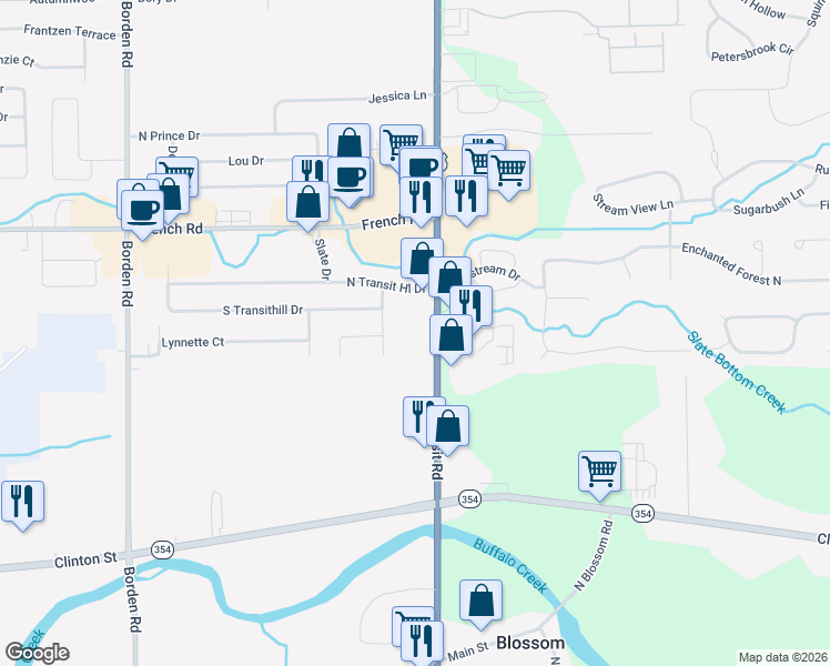 map of restaurants, bars, coffee shops, grocery stores, and more near 4728 Transit Road in Depew